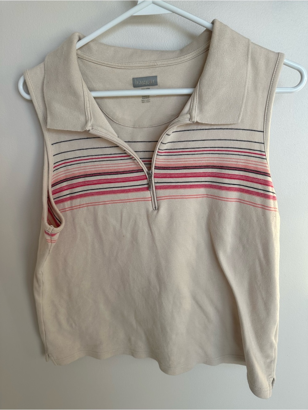 Haggar Cream Sleeveless Zip Polo with Pink and Navy Stripes